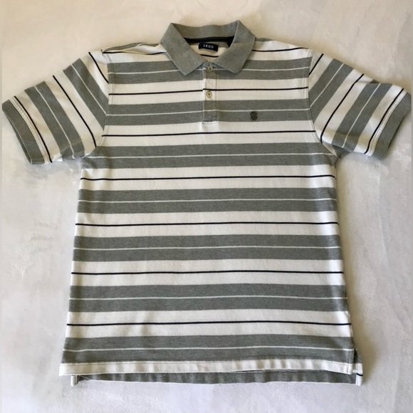 iZOD Classic Striped White and Gray Polo Shirt Mens size Medium - Picture 3 of 8